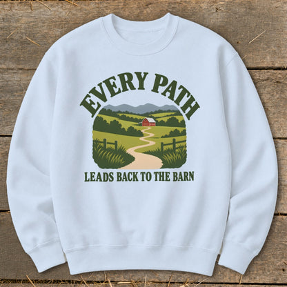 White sweatshirt with a graphic of a winding path leading to a red barn.