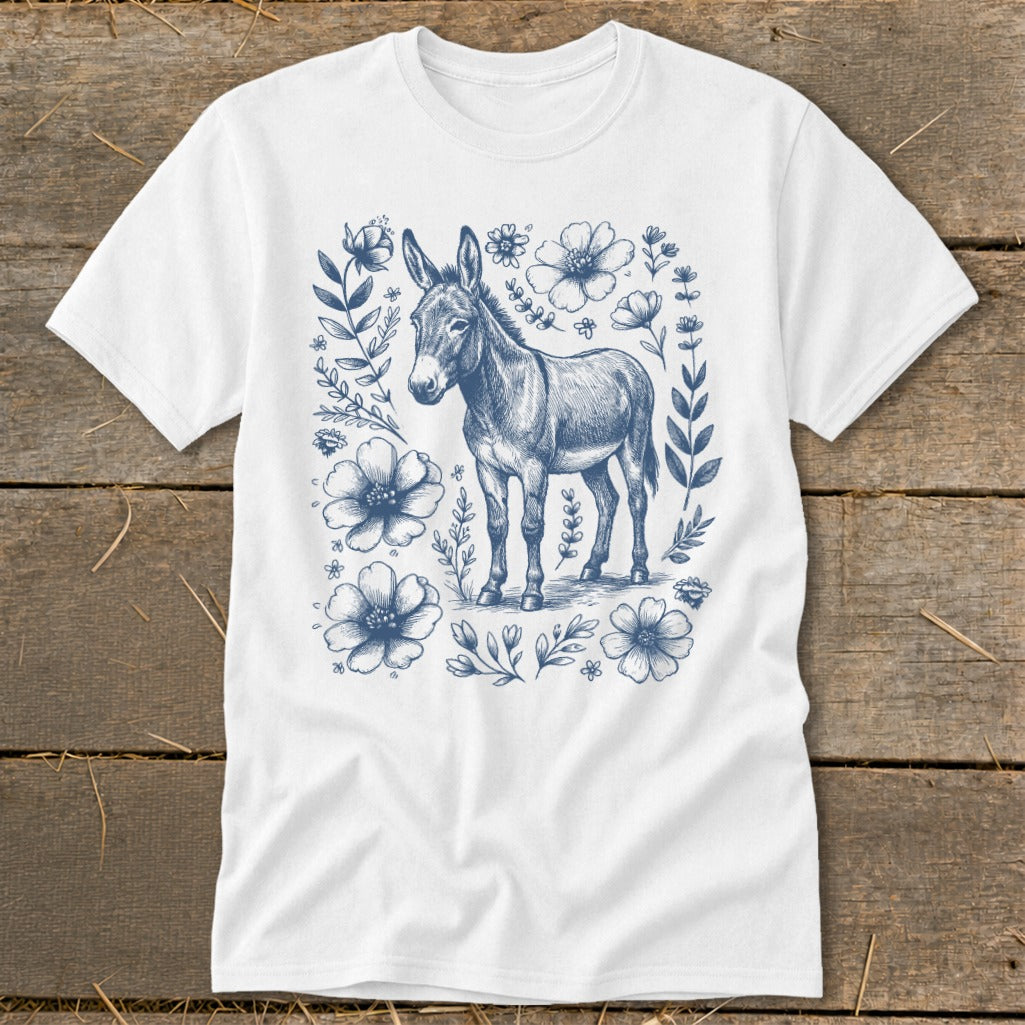 White t-shirt with blue sketch of a donkey surrounded by floral elements.