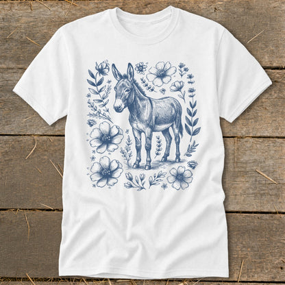 White t-shirt with blue sketch of a donkey surrounded by floral elements.