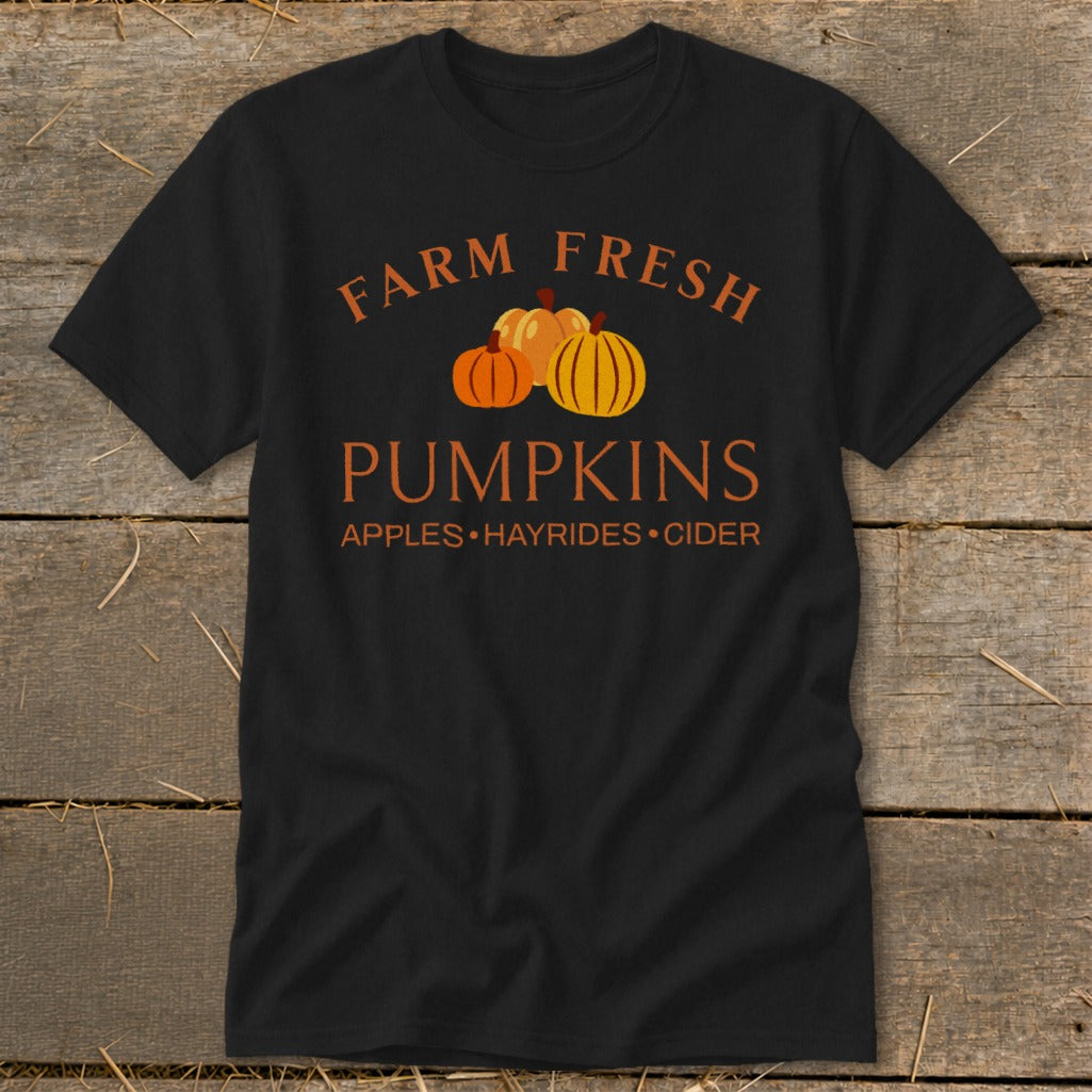 Black t-shirt with "Farm Fresh Pumpkins" and fall activities.