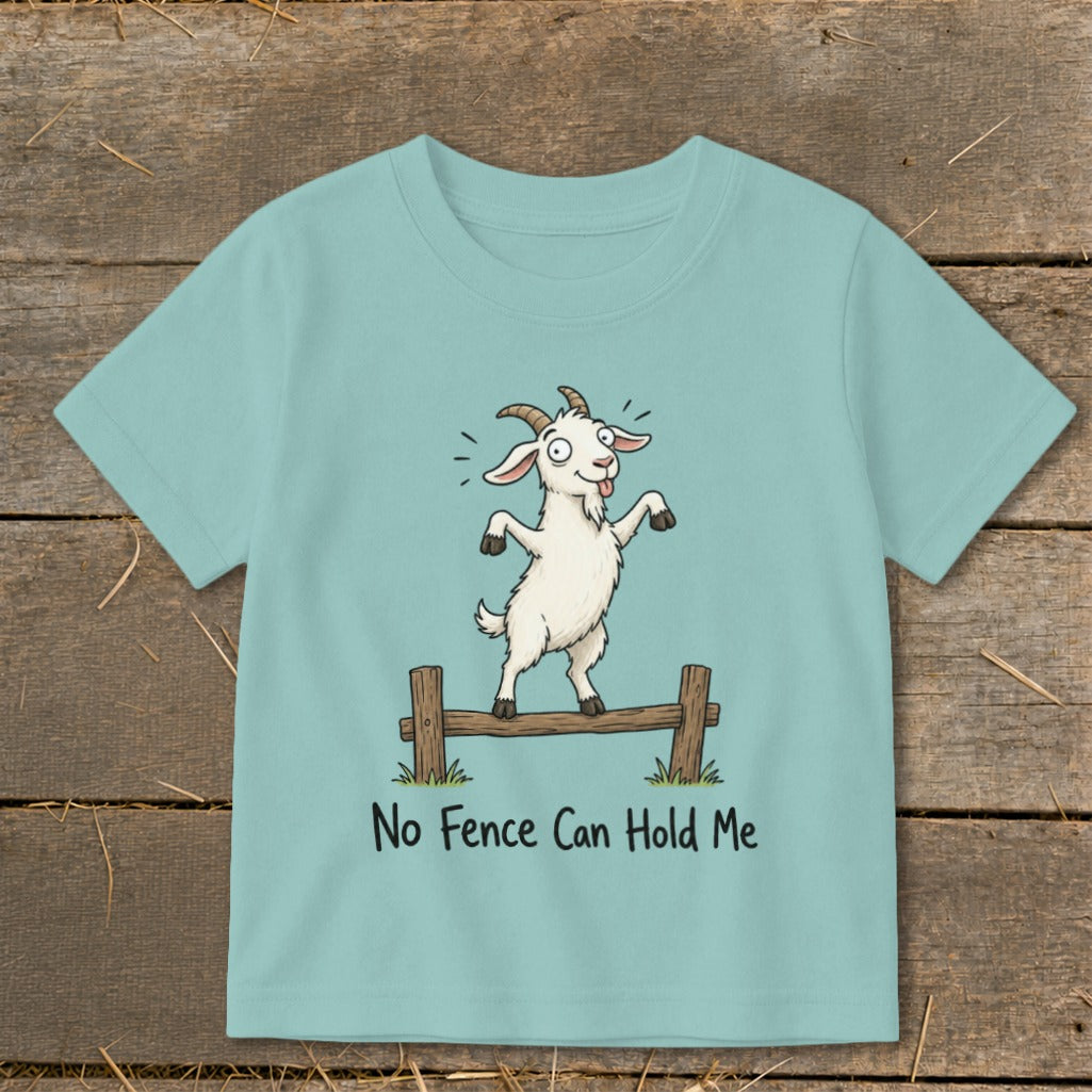 Cartoon goat on a fence with the text "No Fence Can Hold Me".