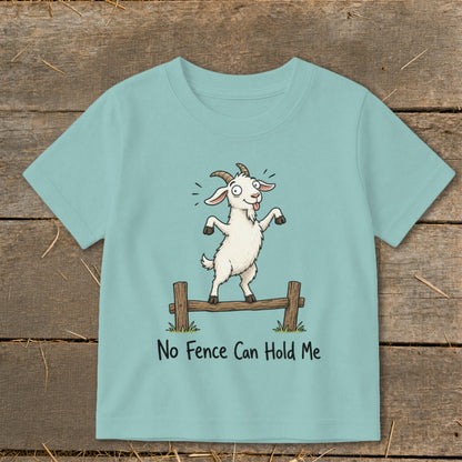 Cartoon goat on a fence with the text "No Fence Can Hold Me".
