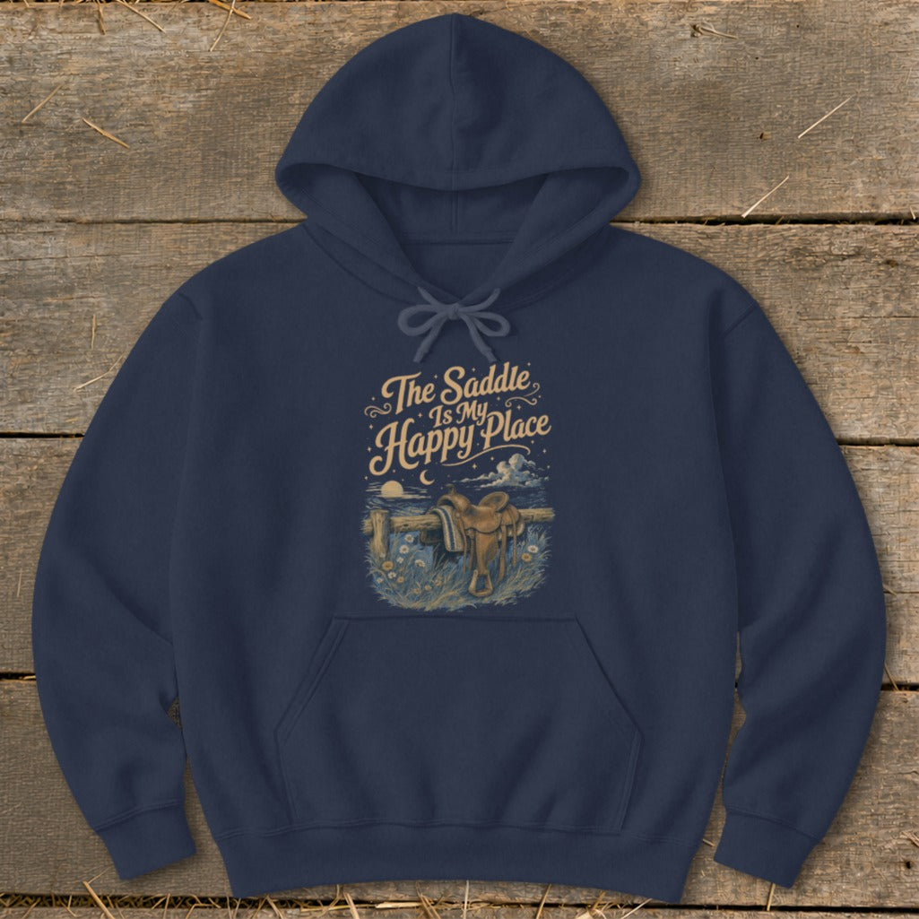 Navy hoodie with "The Saddle Is My Happy Place" text and a saddle graphic.