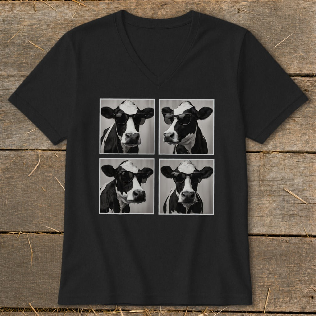 Black t-shirt with four black and white portraits of cows wearing sunglasses.