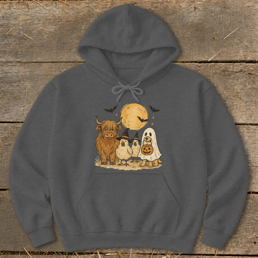 Highland cow, chickens, dog ghost, and bats on a moonlit Halloween night.