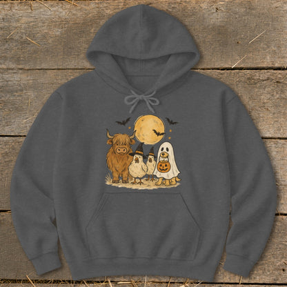 Highland cow, chickens, dog ghost, and bats on a moonlit Halloween night.