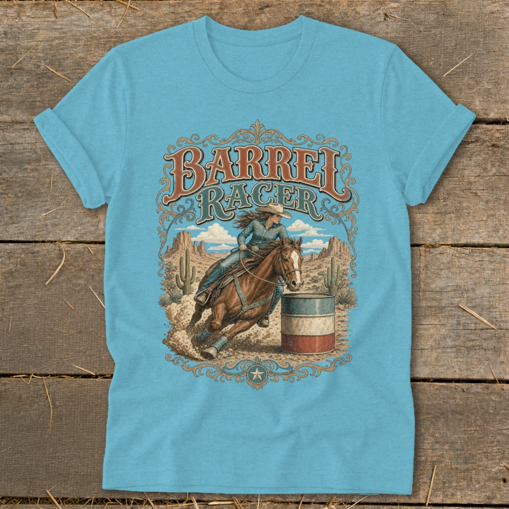 Barrel racer on a horse rounds a barrel in a desert landscape with cactus.