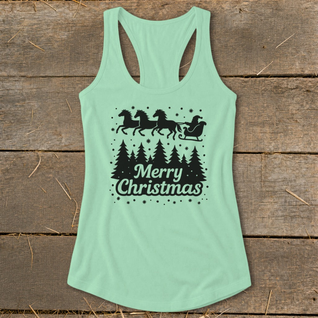 Mint green tank top with black "Merry Christmas" text, Santa in a sleigh pulled by horses, and trees.