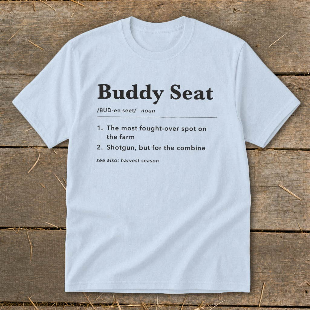 Light blue t-shirt with "Buddy Seat" definition printed in black text.