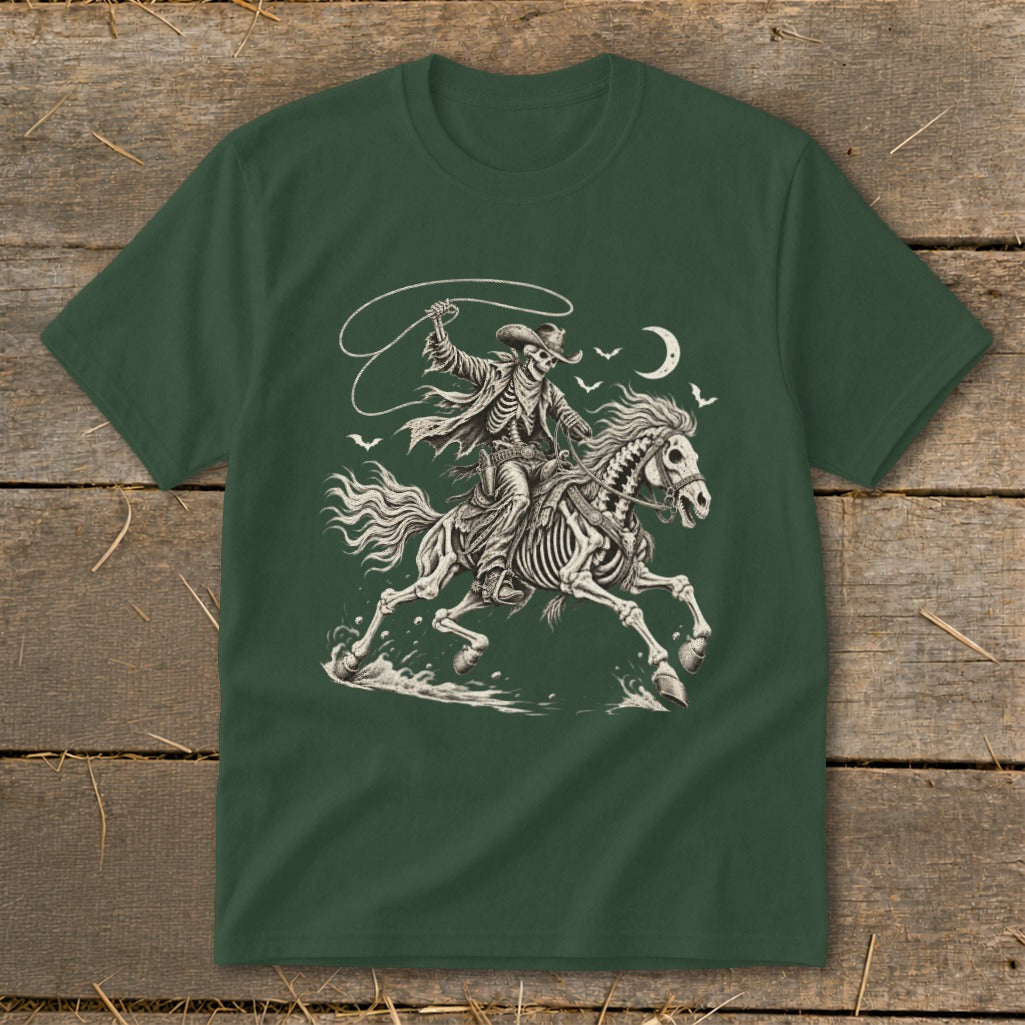 Skeleton cowboy on horseback with lasso under a crescent moon and bats.