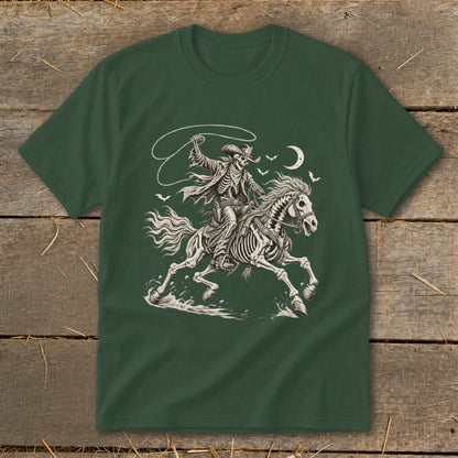 Skeleton cowboy on horseback with lasso under a crescent moon and bats.