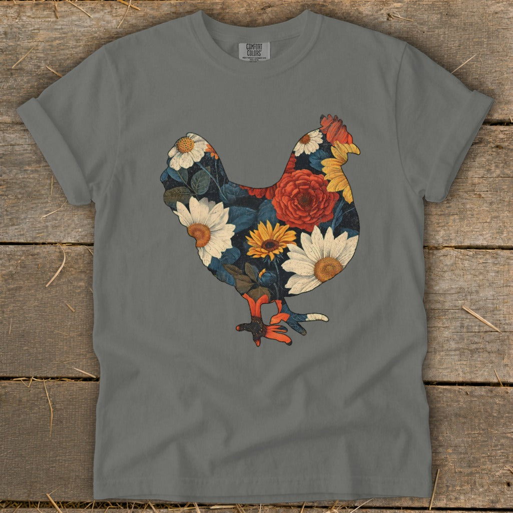 Grey t-shirt with a floral chicken design featuring roses and daisies.