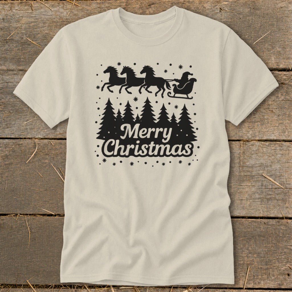 T-shirt with black graphic of Santa's sleigh pulled by four horses over trees and "Merry Christmas".