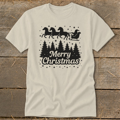 T-shirt with black graphic of Santa's sleigh pulled by four horses over trees and "Merry Christmas".