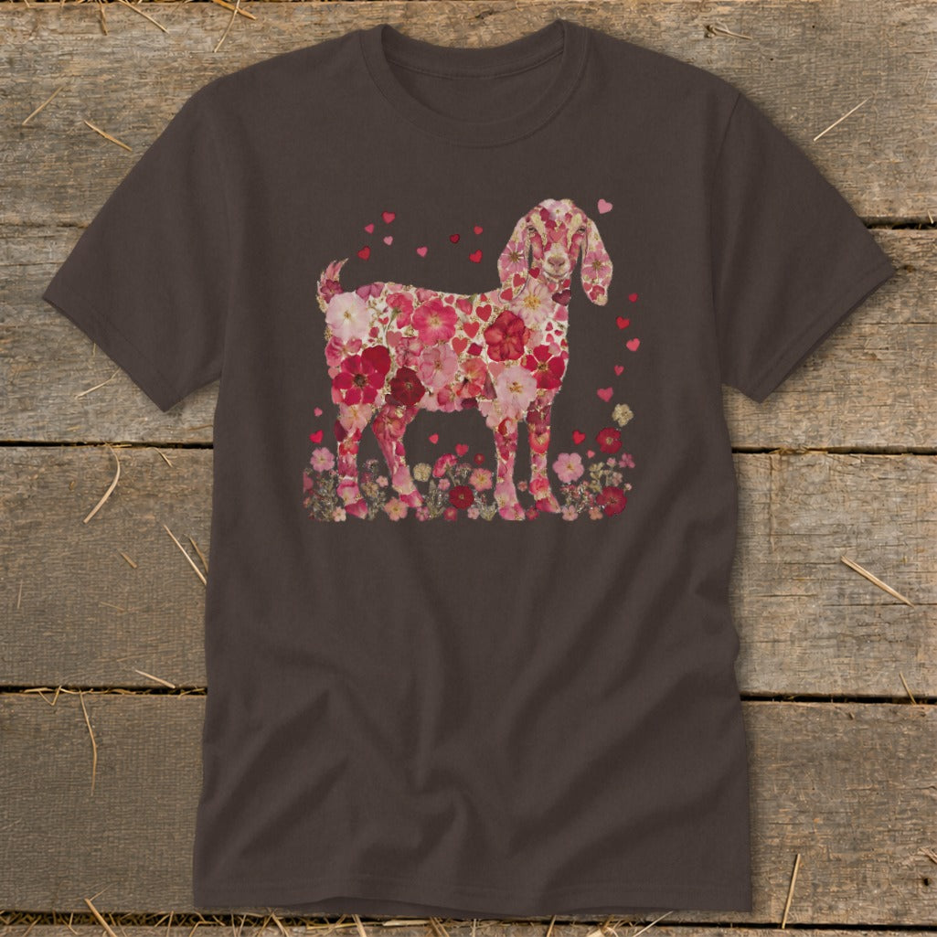 Brown t-shirt featuring a goat silhouette filled with pink and red flowers.