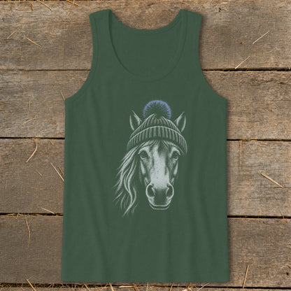 Dark green tank top with a sketch of a horse wearing a blue beanie.