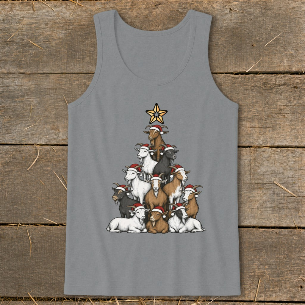 Goats wearing Santa hats form a Christmas tree with a star on a gray tank top.