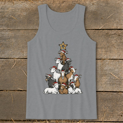 Goats wearing Santa hats form a Christmas tree with a star on a gray tank top.