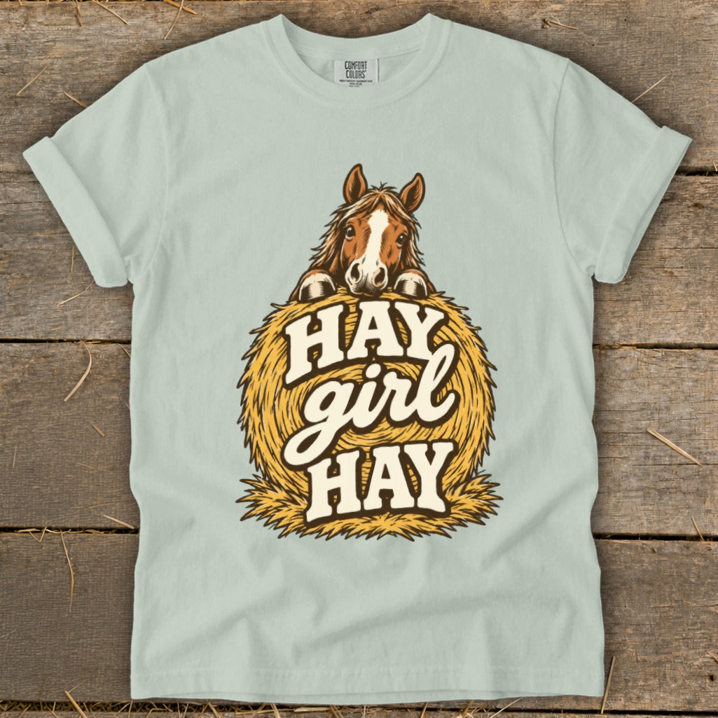 Light blue t-shirt featuring a horse peeking over a hay bale with the text "HAY girl HAY".
