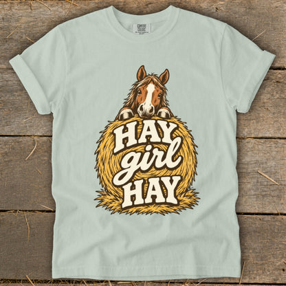 Light blue t-shirt featuring a horse peeking over a hay bale with the text "HAY girl HAY".