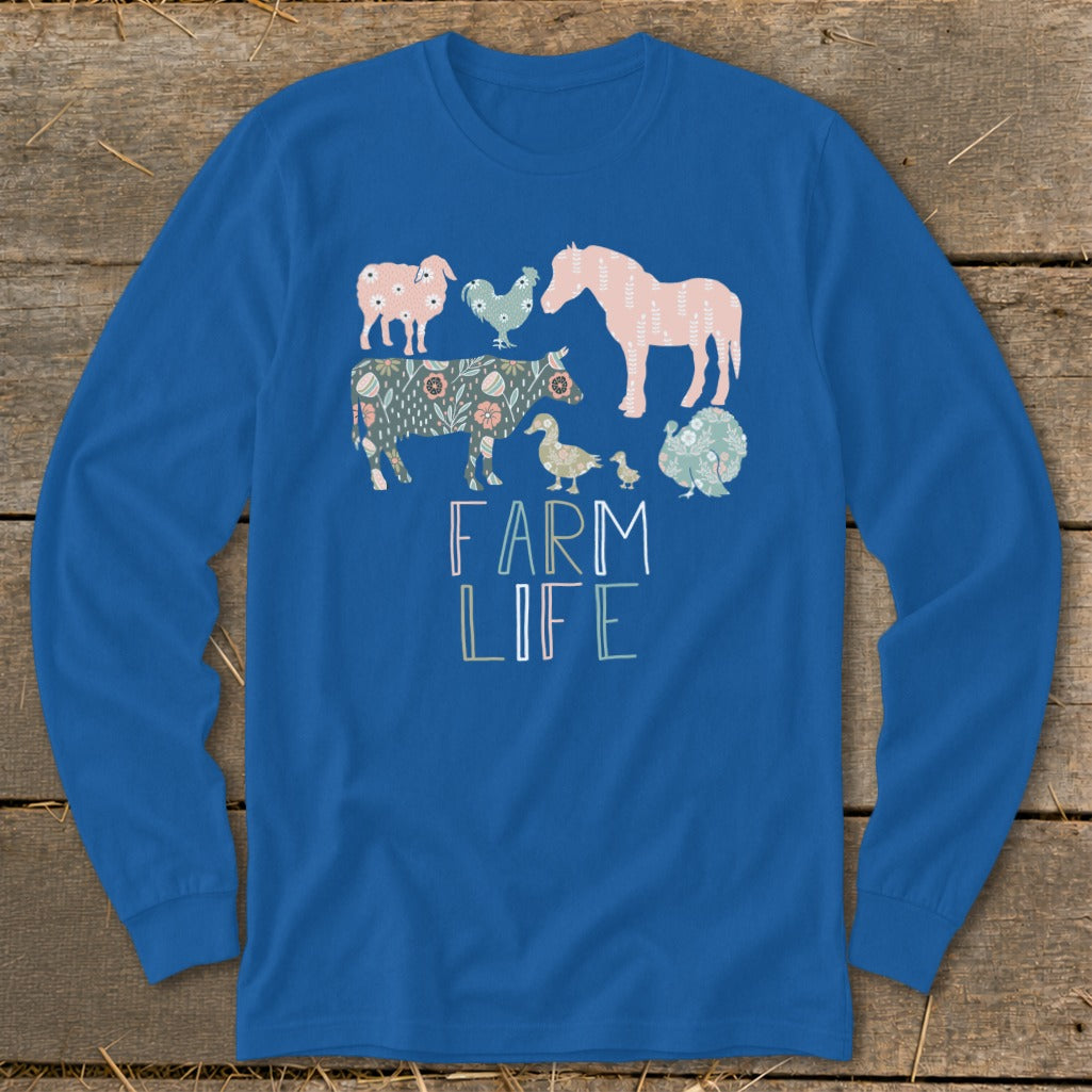 Blue long-sleeve shirt with farm animals and the text "FARM LIFE."