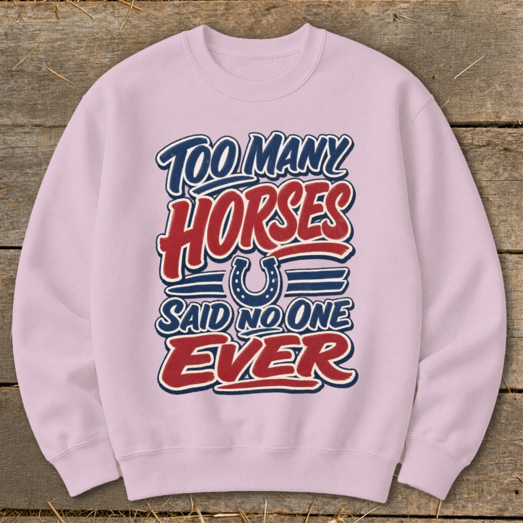 Light pink sweatshirt with "Too Many Horses Said No One Ever" text and horseshoe graphic.