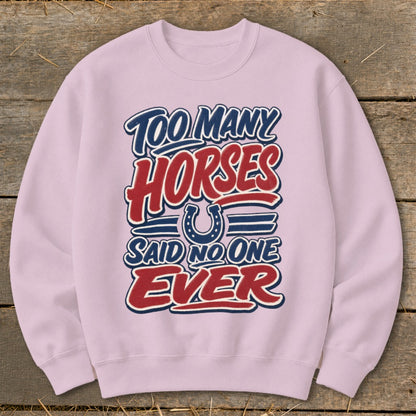 Light pink sweatshirt with "Too Many Horses Said No One Ever" text and horseshoe graphic.
