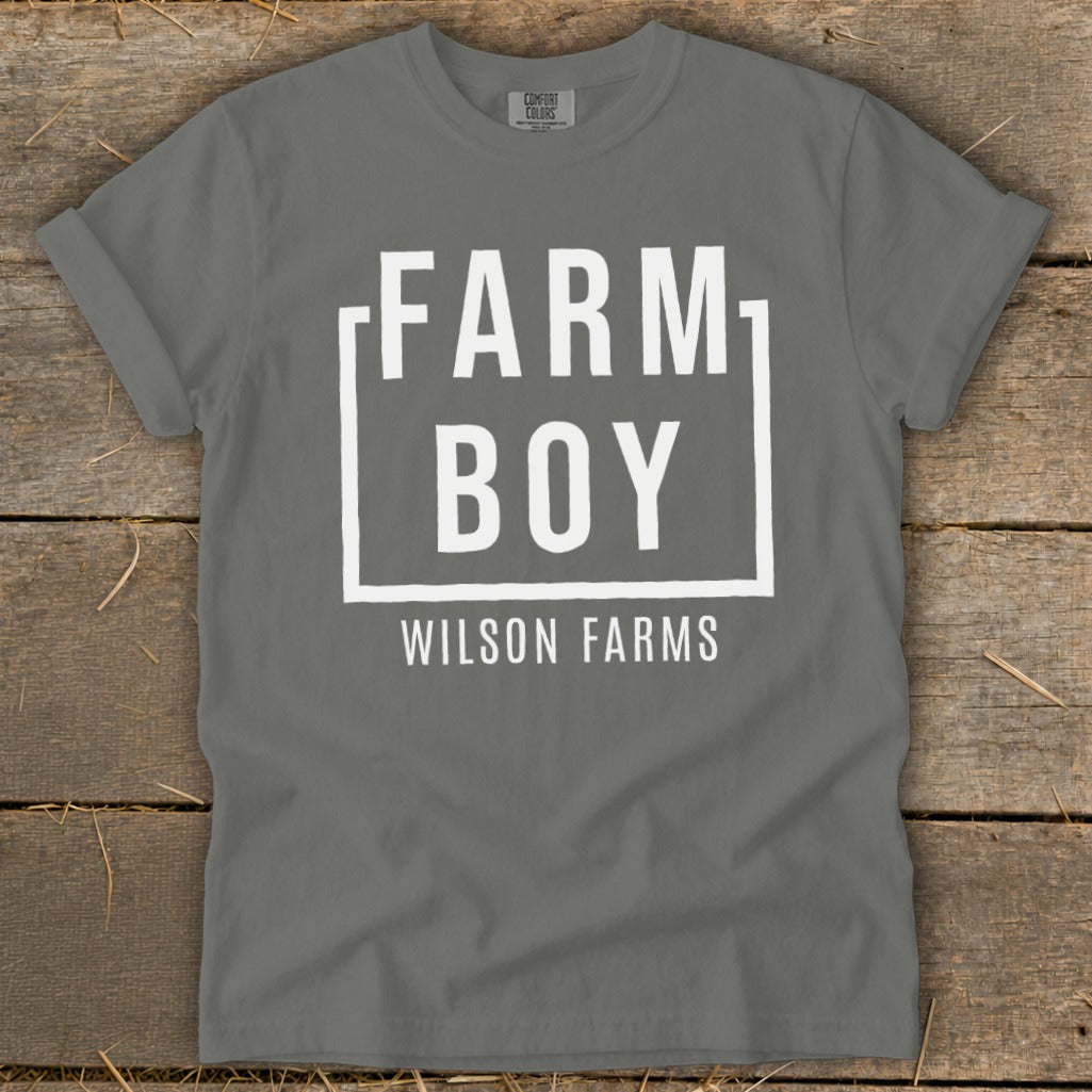 Grey t-shirt with "FARM BOY WILSON FARMS" in white text.