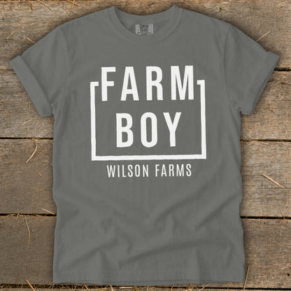 Grey t-shirt with "FARM BOY WILSON FARMS" in white text.