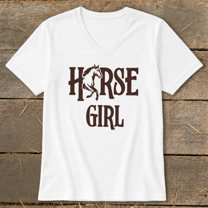 White v-neck t-shirt with "HORSE GIRL" and horse graphic in brown.
