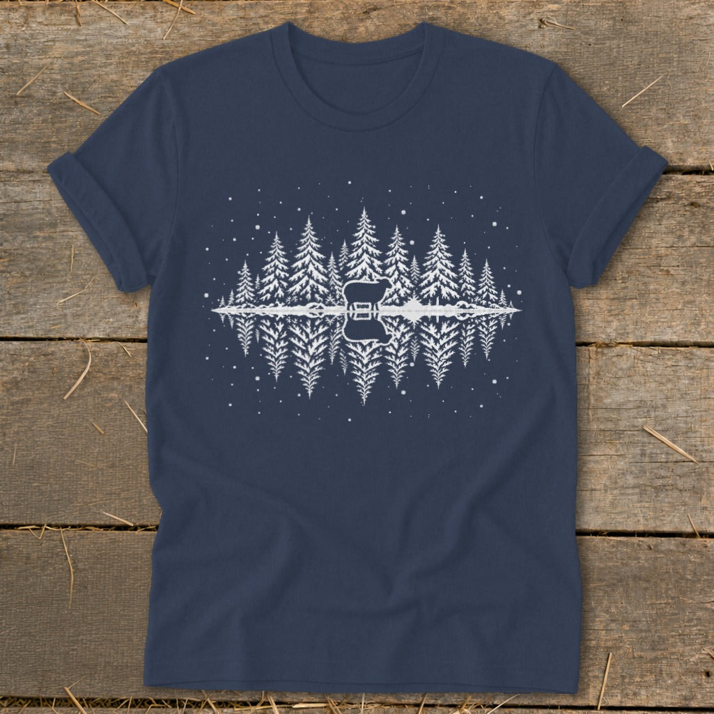 Dark navy t-shirt with white graphic of pine trees, a sheep silhouette, and guitar reflection.