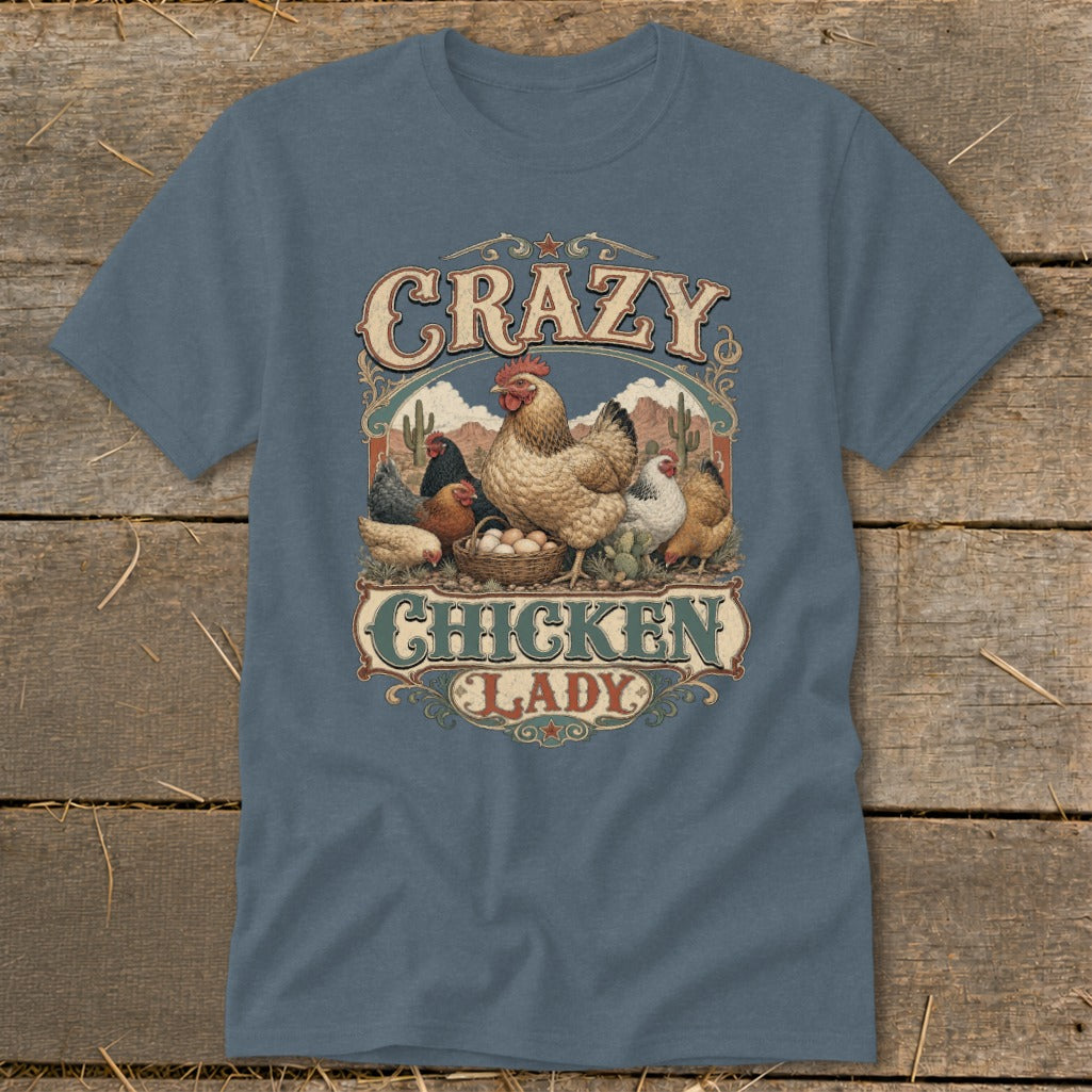 T-shirt graphic with text "Crazy Chicken Lady" and various chickens in a desert landscape.