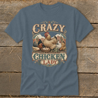 T-shirt graphic with text "Crazy Chicken Lady" and various chickens in a desert landscape.