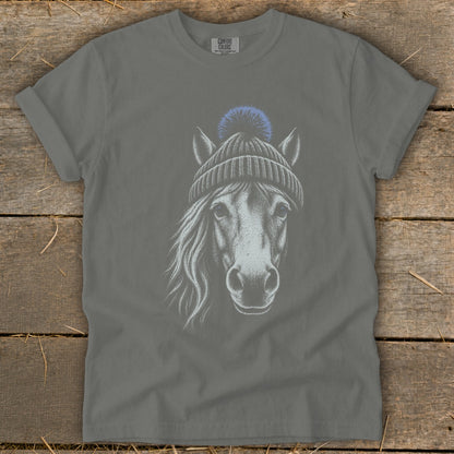 Gray t-shirt with a charcoal sketch of a horse wearing a knitted beanie.