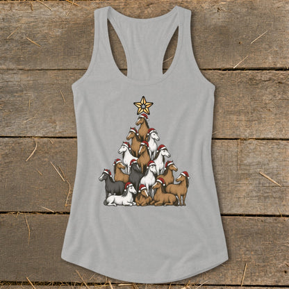 Gray tank top with a Christmas tree made of horses wearing Santa hats.