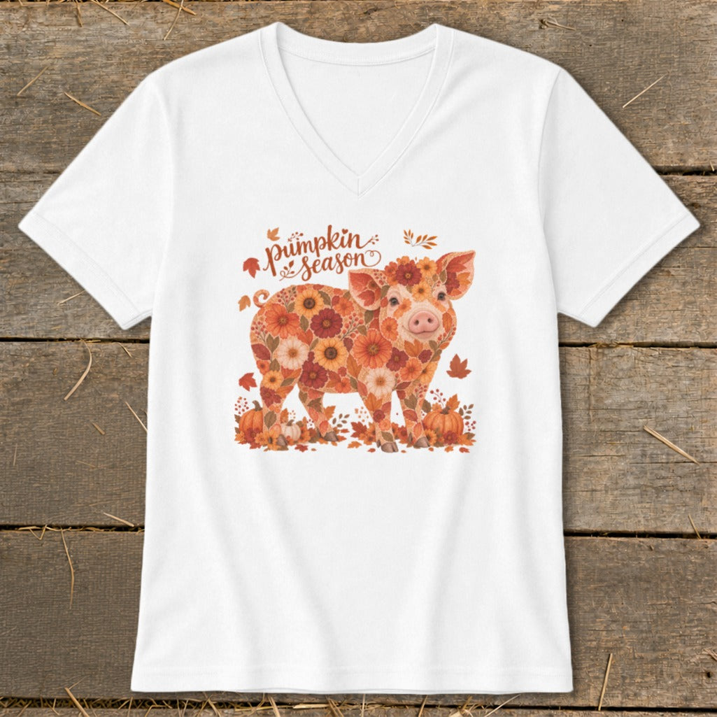 White v-neck t-shirt with a floral pig and "Pumpkin Season" text.