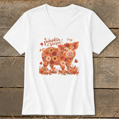 White v-neck t-shirt with a floral pig and "Pumpkin Season" text.