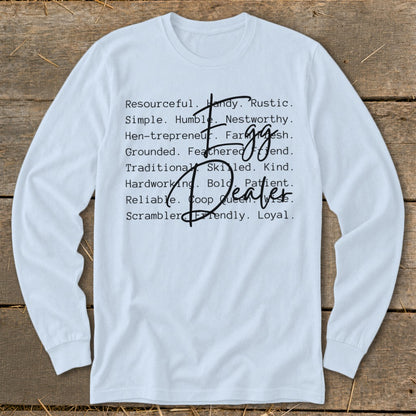 Light blue long-sleeve shirt with "Egg Dealer" and descriptive words in black text.
