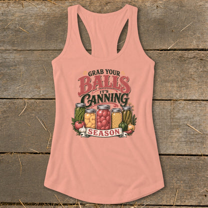 Tank top with "Grab Your Balls It's Canning Season" text and jars of preserves.