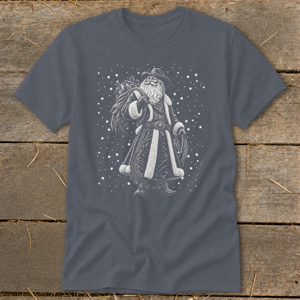 Santa Claus in cowboy attire with a lasso and sack of gifts.