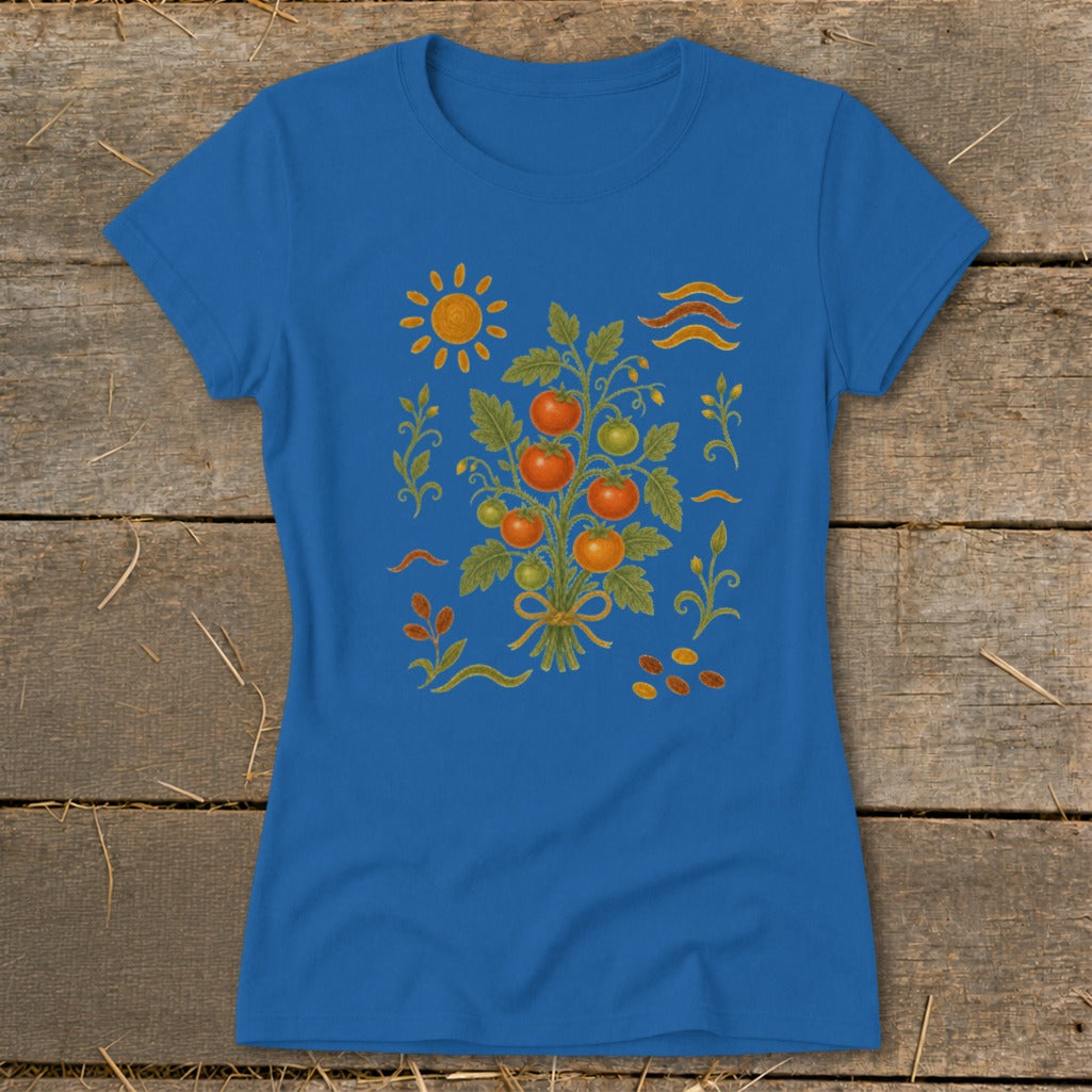 Blue t-shirt with embroidered tomato plant, sun, and wavy lines.