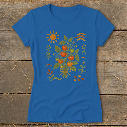 Blue t-shirt with embroidered tomato plant, sun, and wavy lines.
