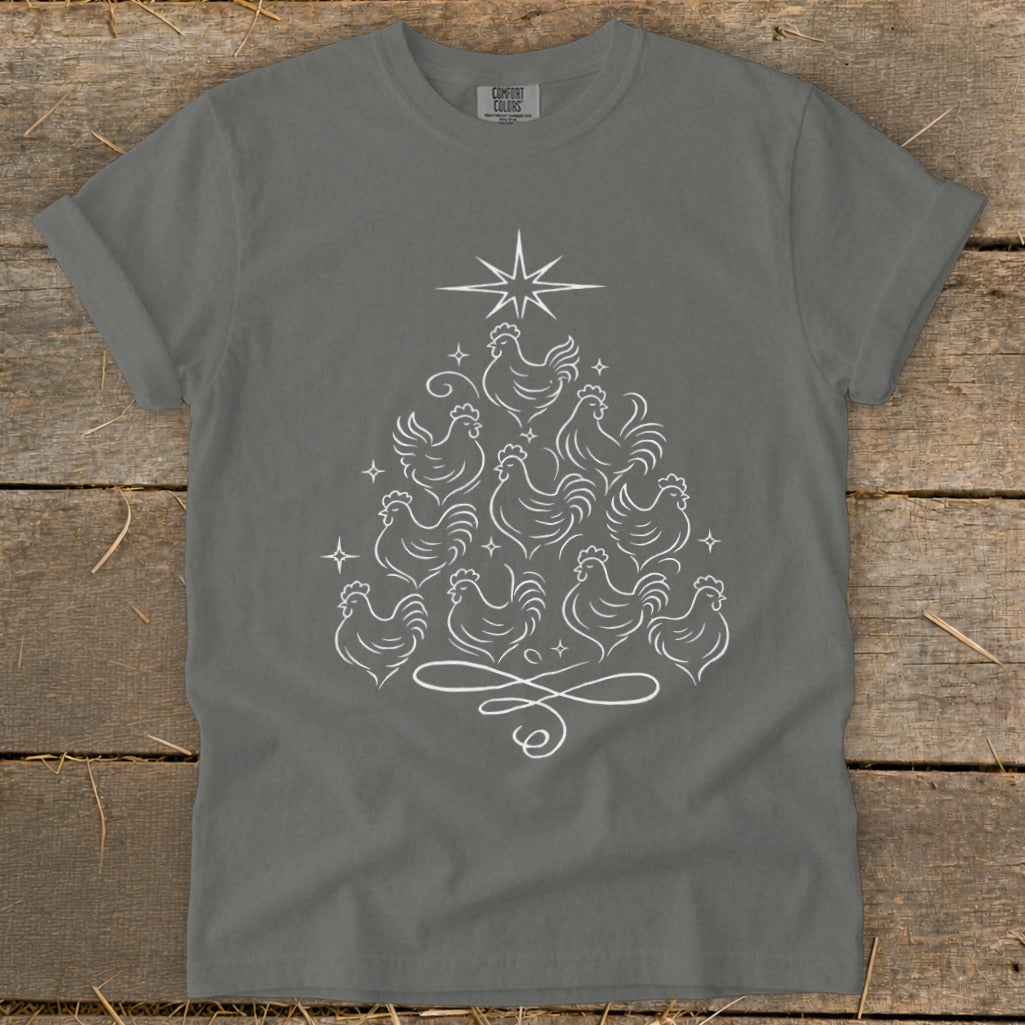 Gray t-shirt with white outline art of a Christmas tree made of chickens.