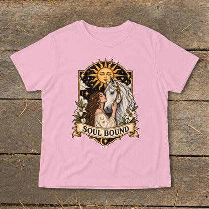 T-shirt with "Soul Bound" text, featuring a woman and white horse under a sun.
