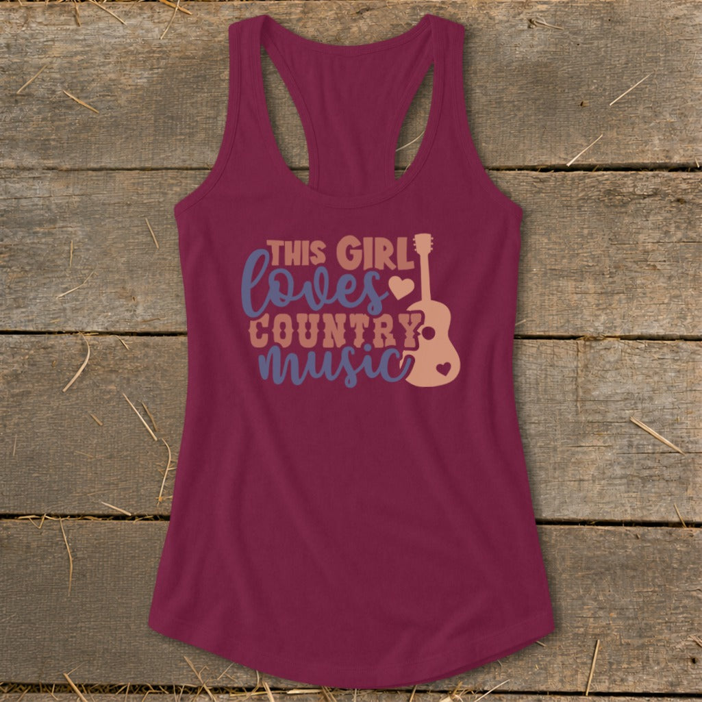 Maroon racerback tank top with text "This girl loves country music" and guitar graphic.