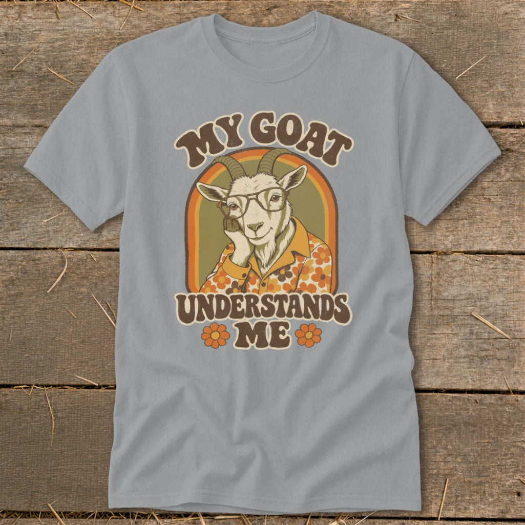 Grey t-shirt graphic: goat wearing glasses and floral shirt, text "MY GOAT UNDERSTANDS ME".