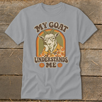 Grey t-shirt graphic: goat wearing glasses and floral shirt, text "MY GOAT UNDERSTANDS ME".