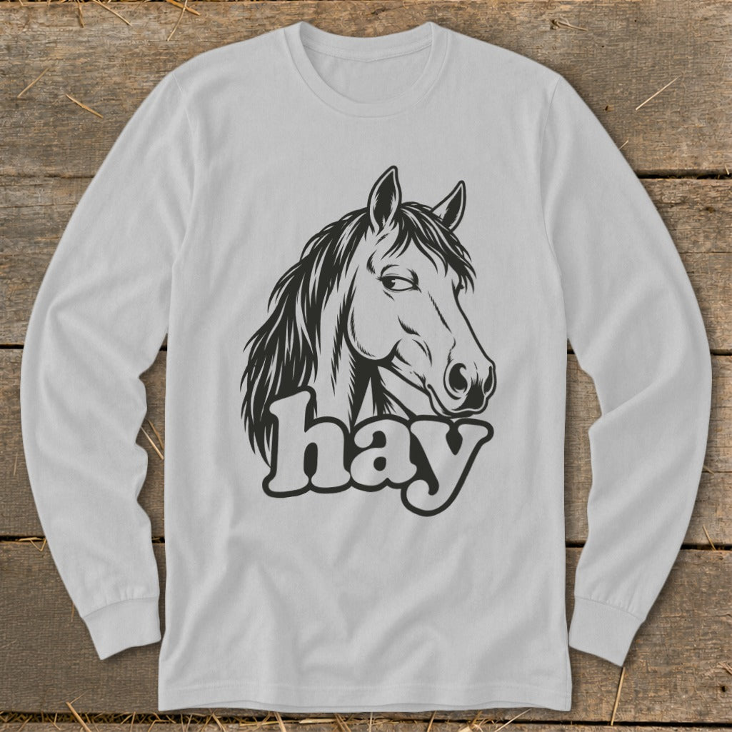 Long-sleeve white t-shirt with a black graphic of a horse head and the word "hay".
