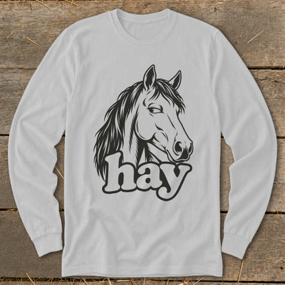 Long-sleeve white t-shirt with a black graphic of a horse head and the word "hay".