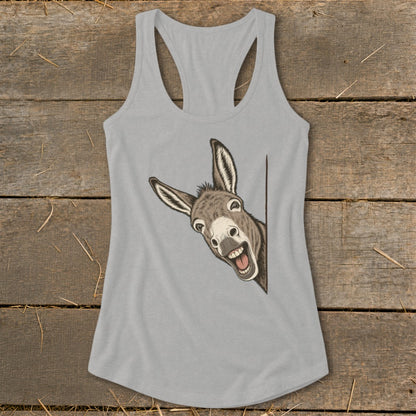 A grey tank top with a drawing of a smiling donkey peeking around the side.